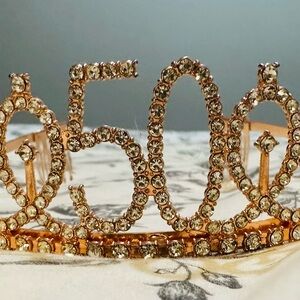 Elegant Gold Crystal Tiara 50th bday with gold 50th bday sash